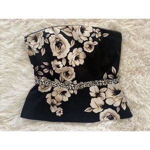 White House Black Market WHBM Corset Top Size 4 Black Floral Sexy Belted